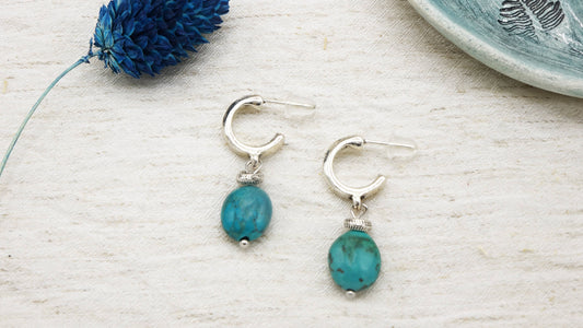 Boho Turquoise Dangle Earrings - Silver Embellishment