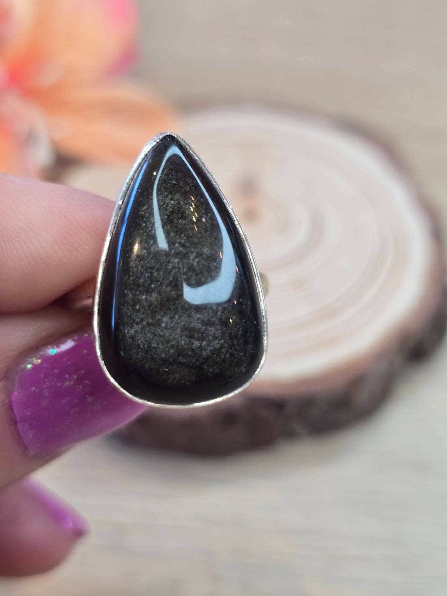 Silver Sheen Obsidian Sterling Silver Ring - 5.9g - UK N