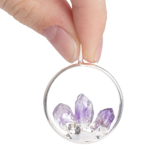 Pendant Ring w/ 3 fixed Amethyst Points Silver Plated