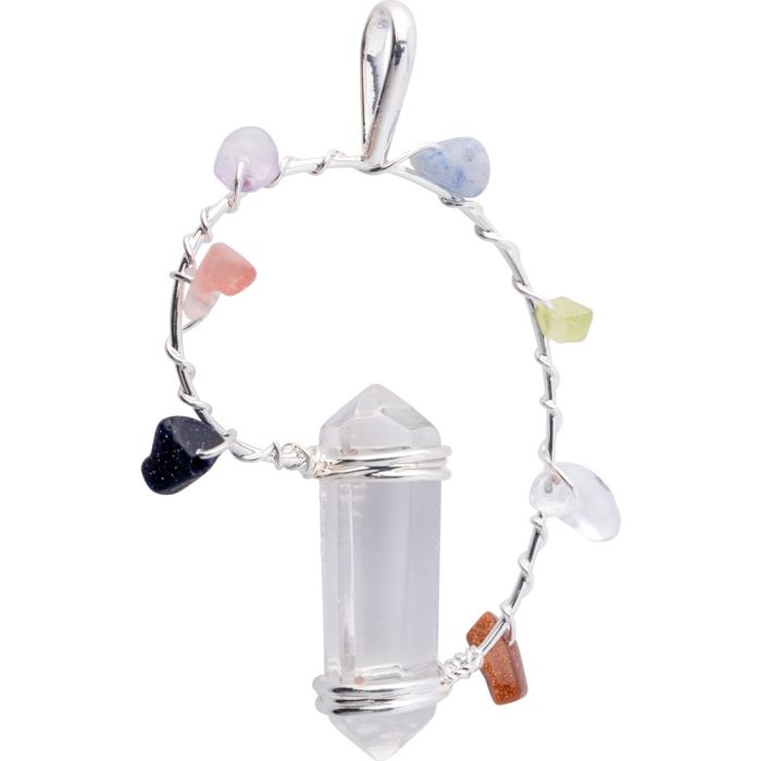 Double Terminated Crystal Point Pendant with Chakra Stones, Silver Plated