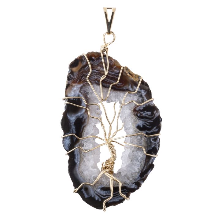 Geode Slice & Wire Tree Pendant, Gold Plated