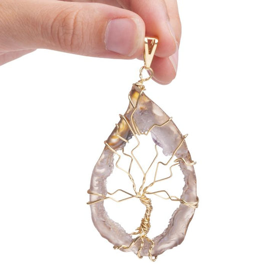 Geode Slice & Wire Tree Pendant, Gold Plated