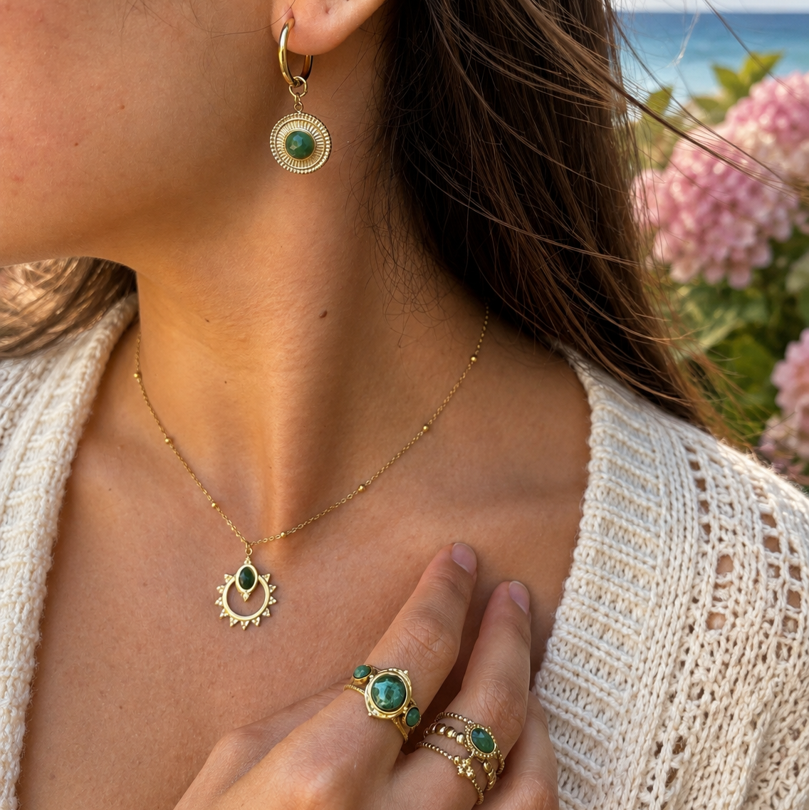 18ct Gold Plated African Jade Sunburst Necklace