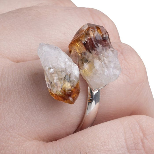 Ring with 2 Citrine Heat Treated Points Silver Plated