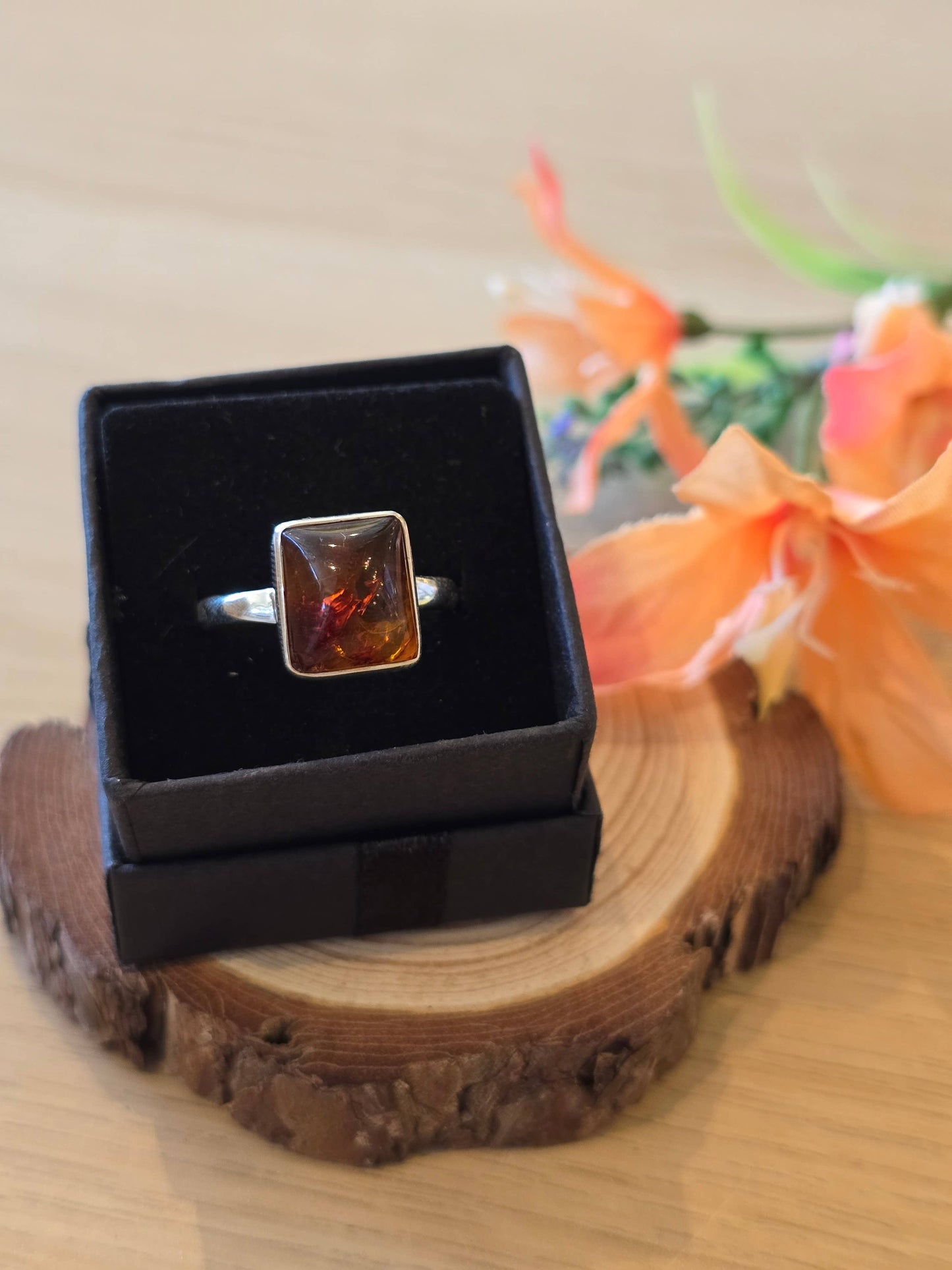 Amber Sterling Silver Ring - 3.4g - UK P