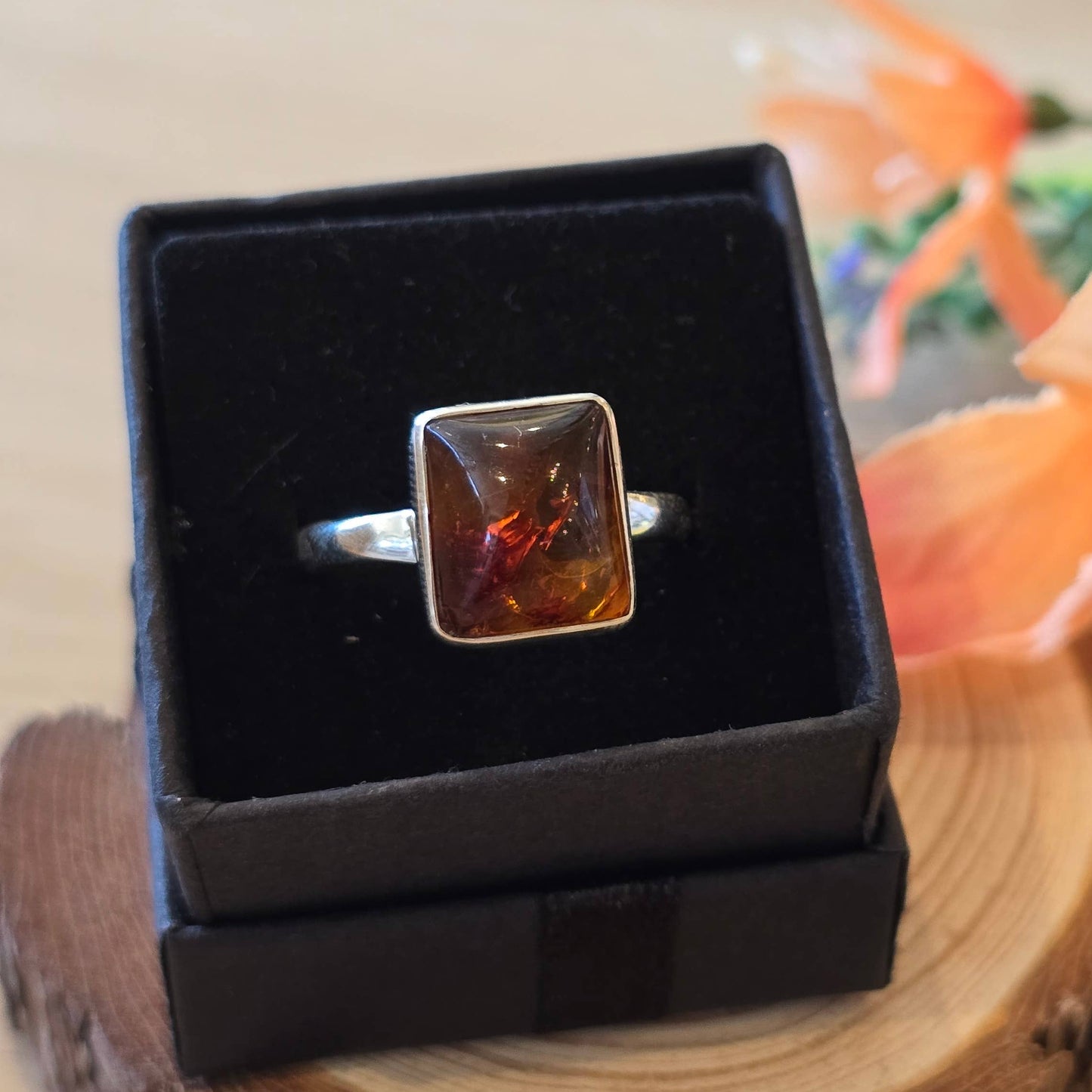 Amber Sterling Silver Ring - 3.4g - UK P