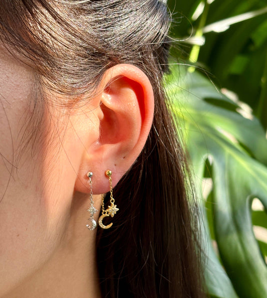 Vermeil - 18ct Gold Plated Star and Moon Dangle Earrings