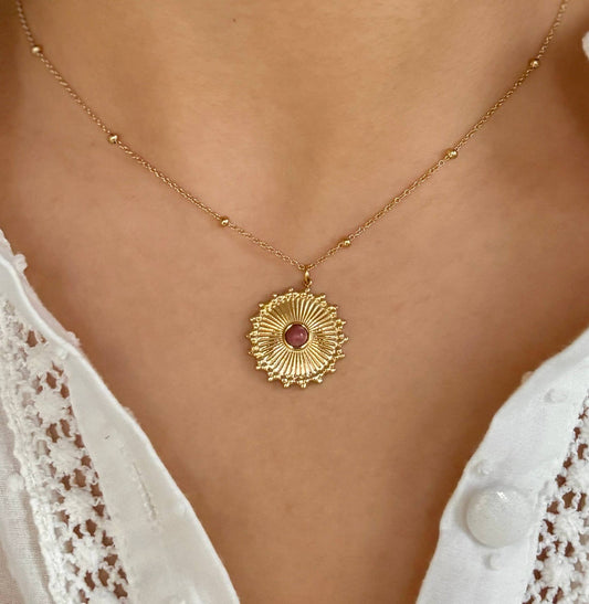 18ct Gold Plated Rhodochrosite Sun Pendant Necklace
