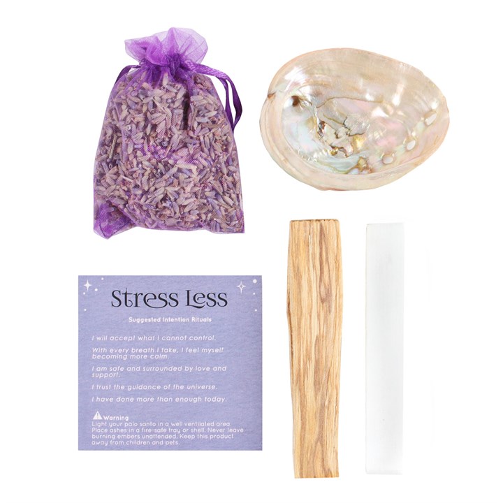Stress Less Spell Kit with Guide Book, Abalone Shell, Lavender Leaves, Palo Santo Wood Stick and Selenite Crystal Wand