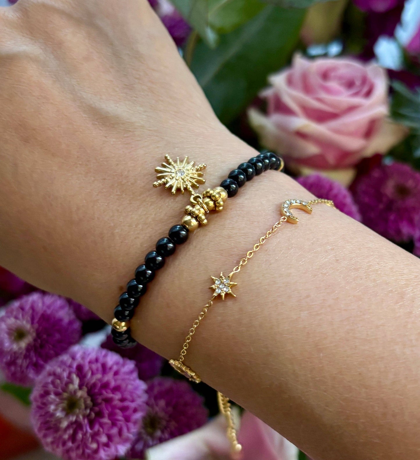 18ct Gold Plated Black Obsidian Beads Bracelet (Small)