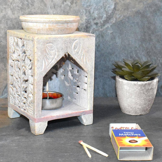 Oil burner holder carved soapstone, leaf design rectangular