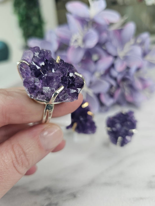 Uruguayan Amethyst Adjustable Cluster Rings: Silver