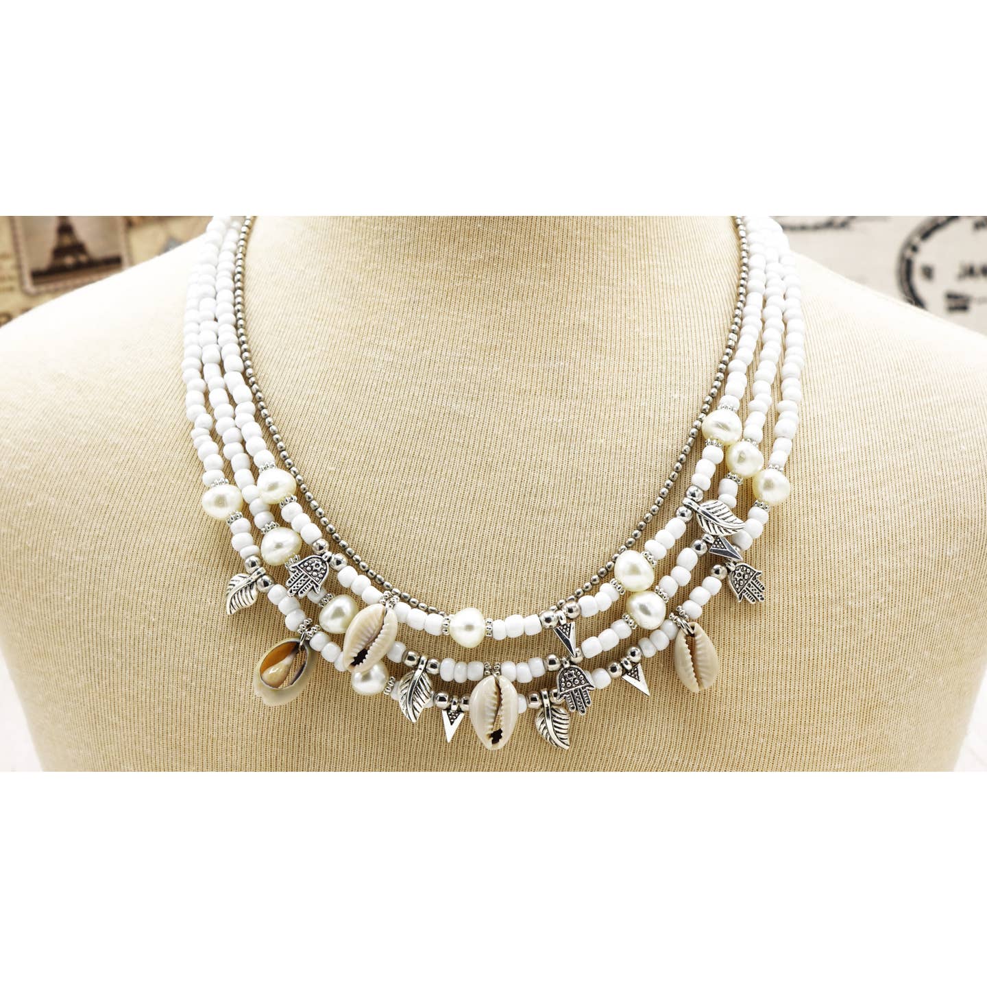 White Cowrie Shell & Seed Necklace