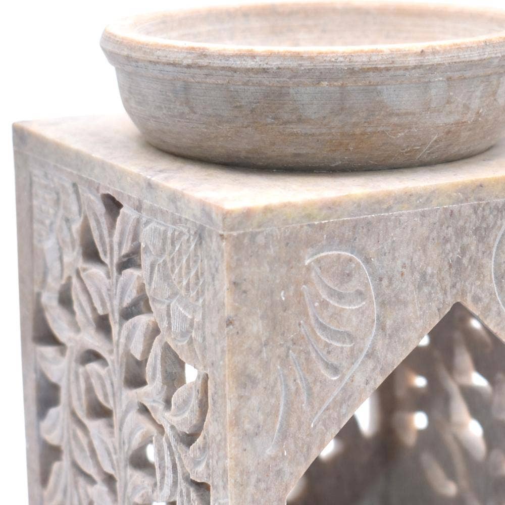 Oil burner holder carved soapstone, leaf design rectangular