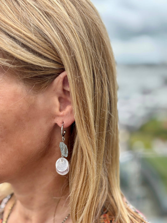 Silver Aquamarine Shell Disc Drop Earrings