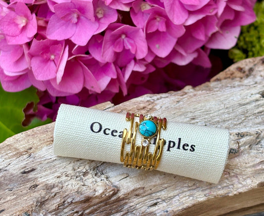 18ct Gold Plated Turquoise Cubic Zirconia Multi Band Ring