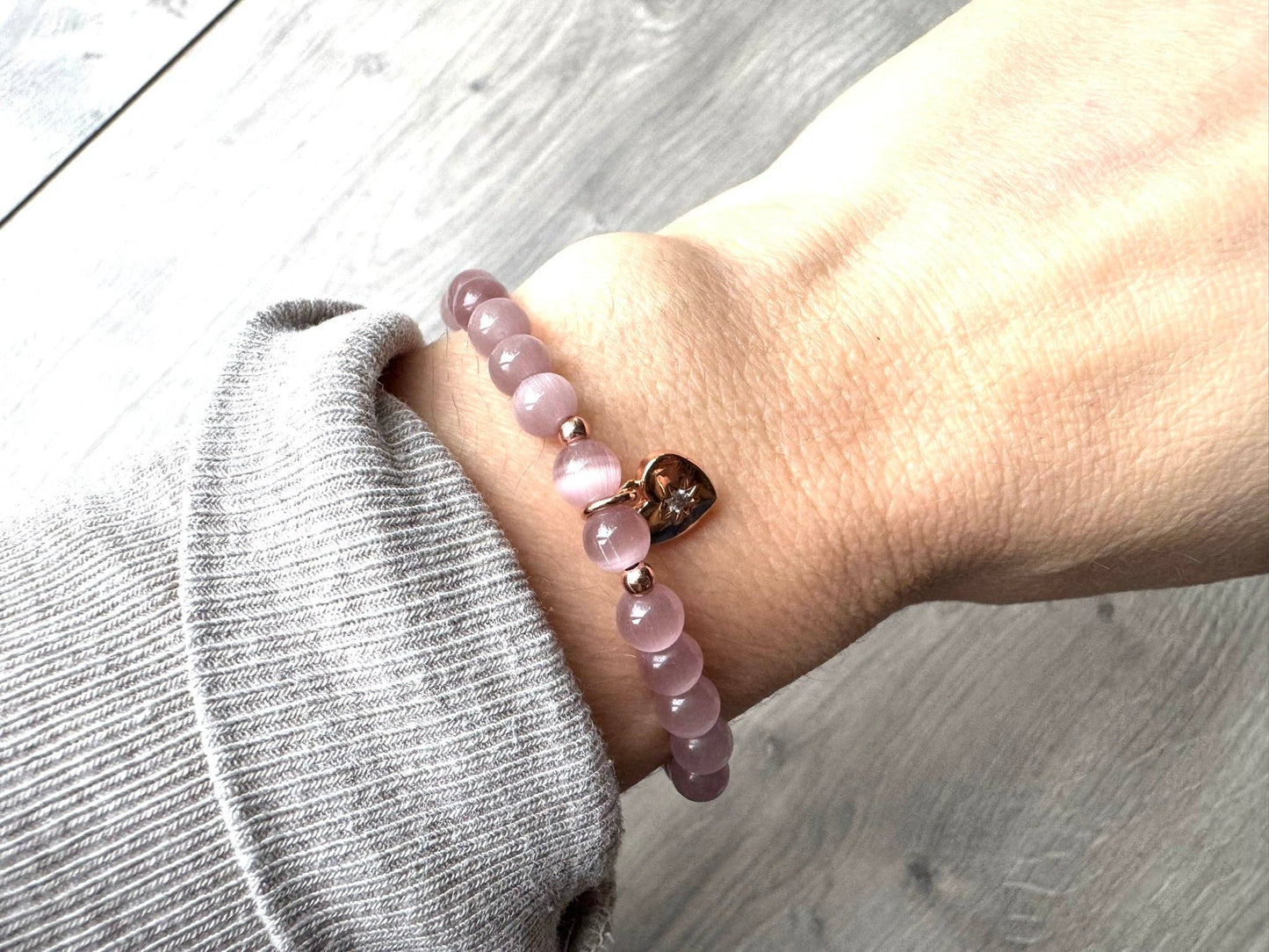 Cats Eye with Rose Gold Heart Charm Diffuser Bracelet: Small