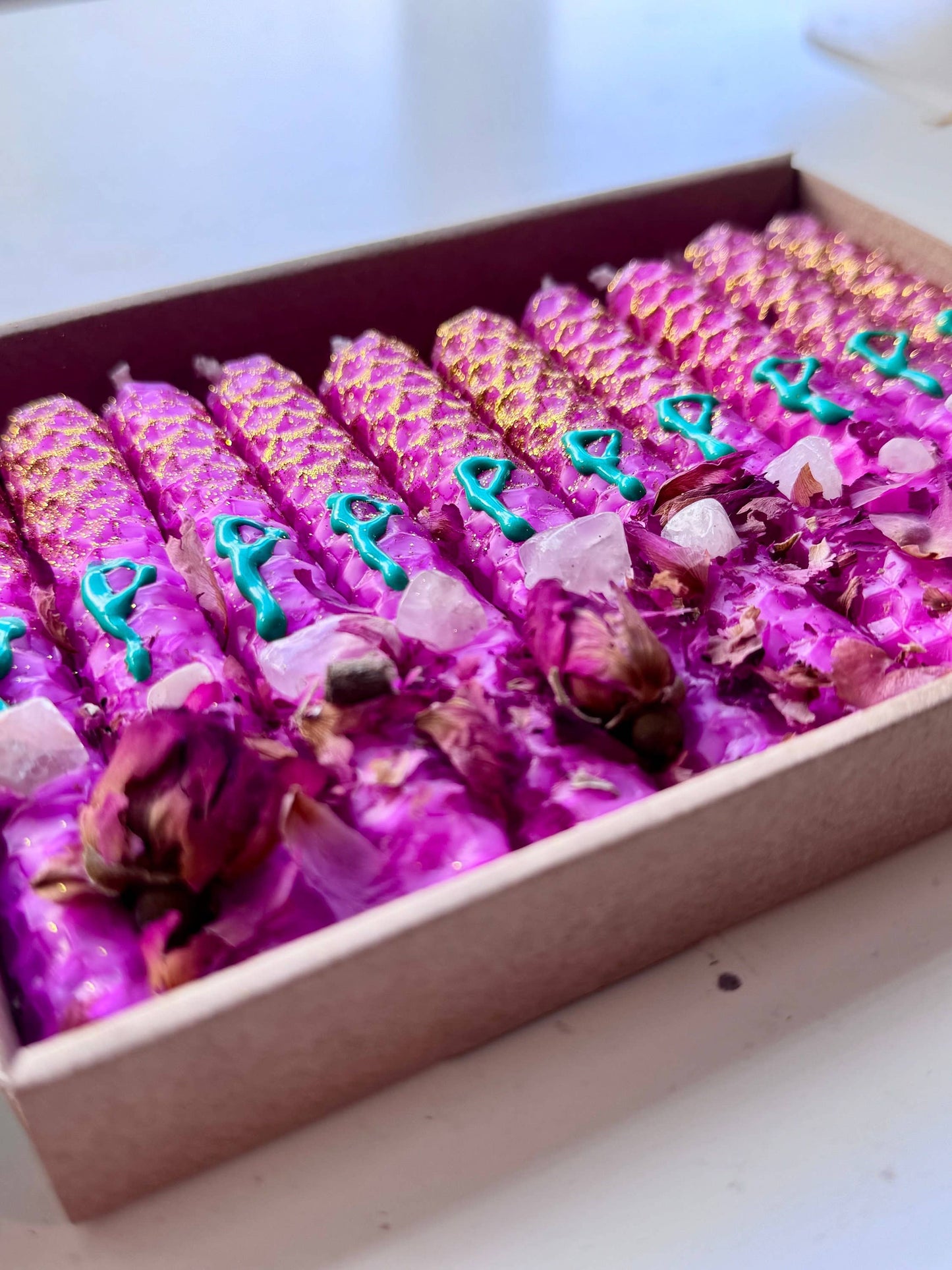 Luxury Beeswax Rune Candles with Rose Quartz & Glitter