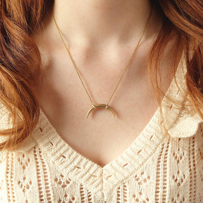 Double Horn Moon Taurus Gold Charm Bohemian Necklace: 16 - 18 inches