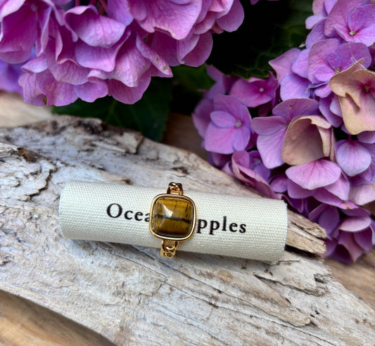 18ct Gold Plated Square Tiger's Eye Ring -  Silver
