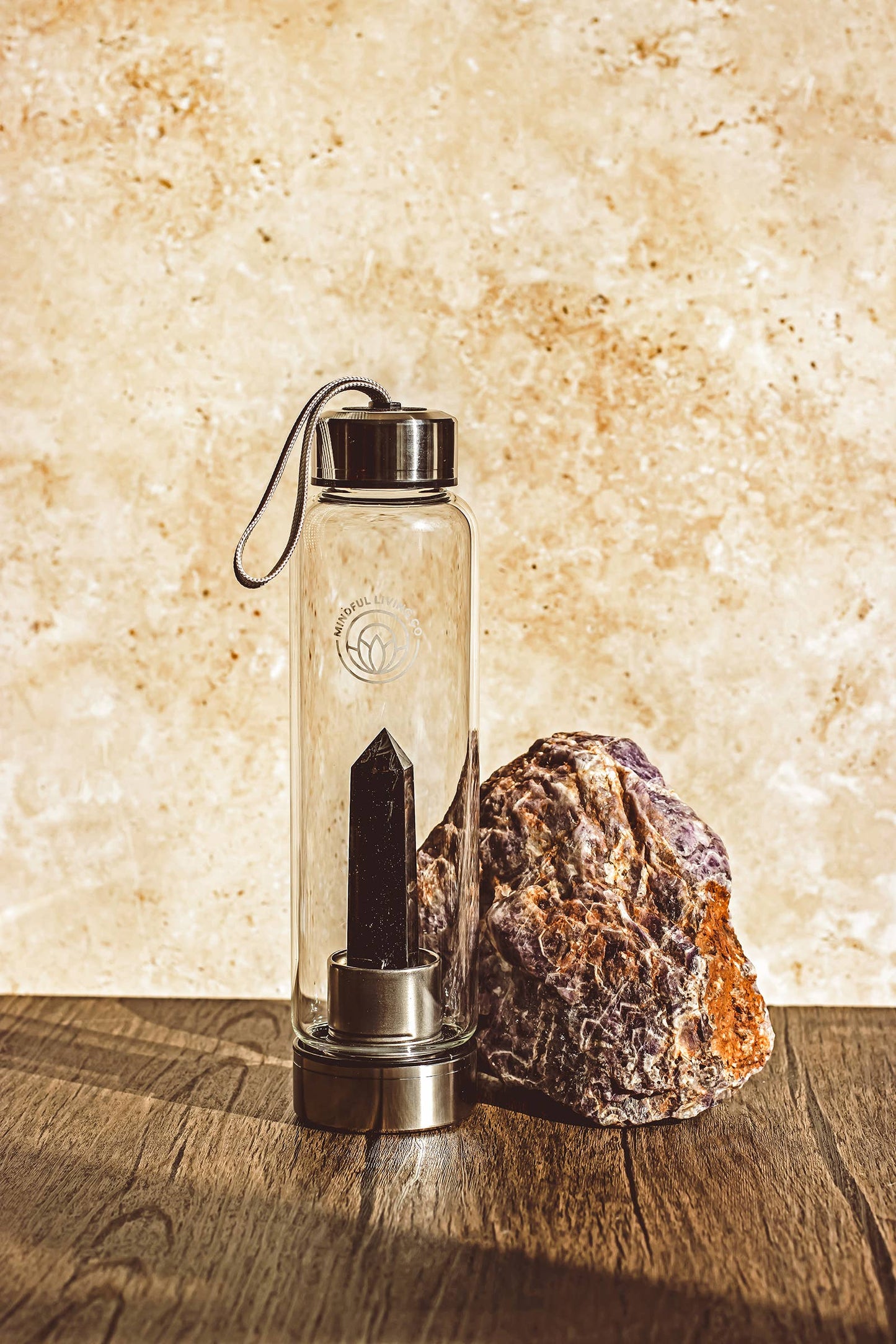 Crystal Infused Glass Water Bottle, Black Obsidian