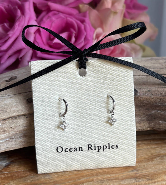 925 Sterling Silver Cubic Zirconia Clover Huggie Earrings