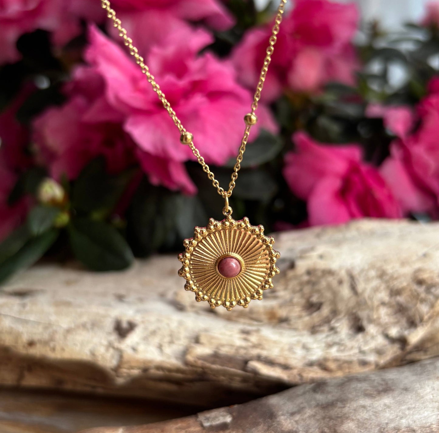 18ct Gold Plated Rhodochrosite Sun Pendant Necklace   