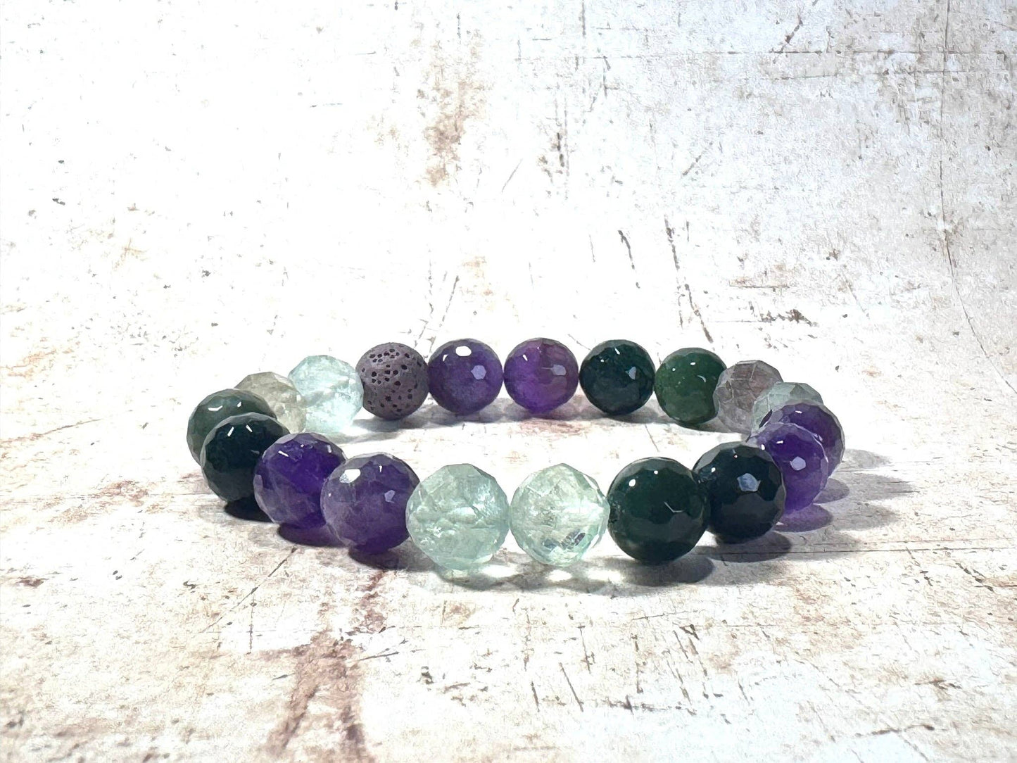Chunky Amethyst and Moss Agate Diffuser Bracelet: 6.5 Inch Medium