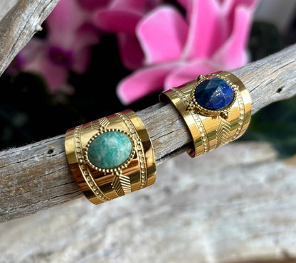 18ct Gold Plated Faceted Natural Stone Wide Band Ring -Amazonite