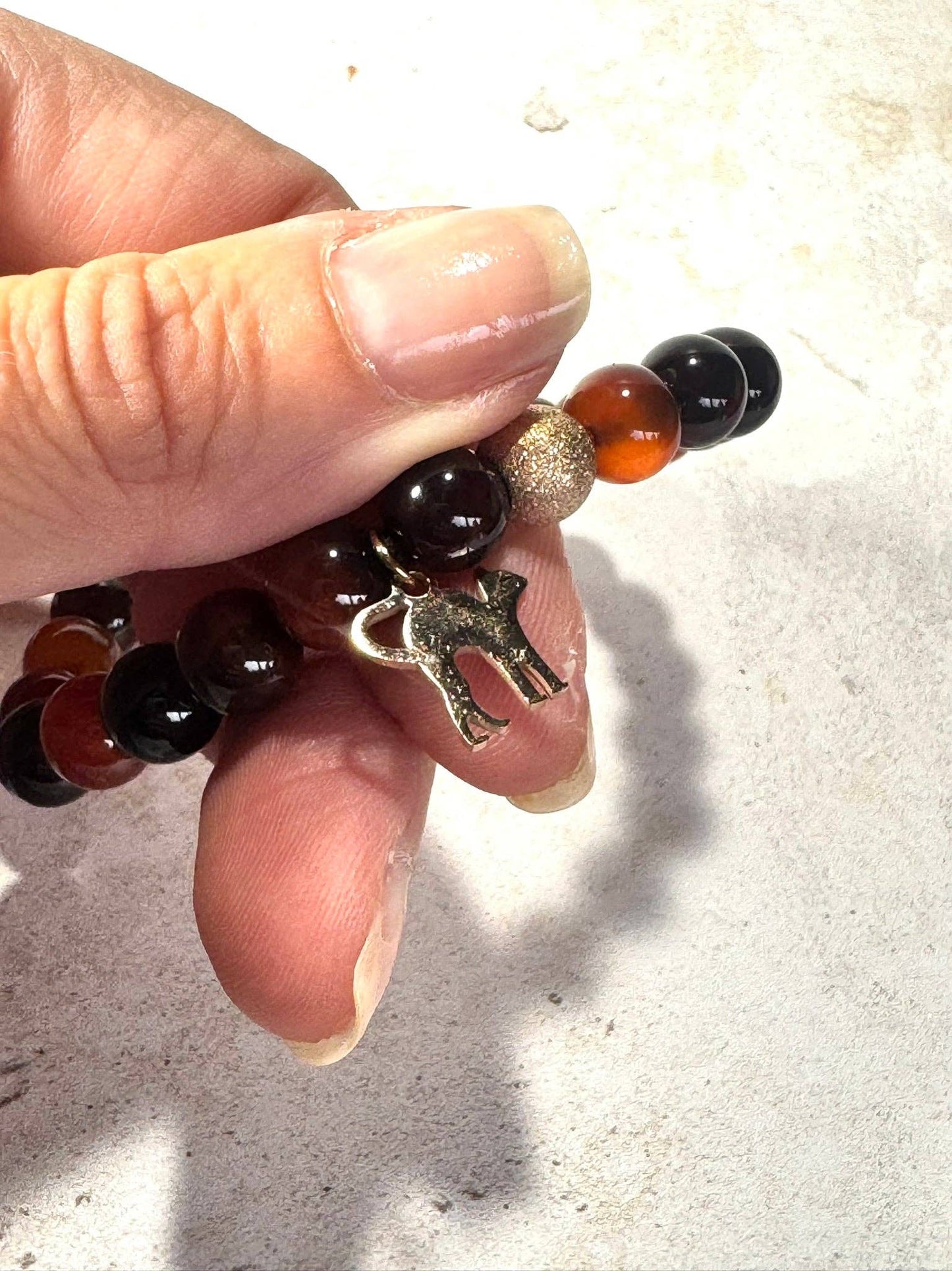 Dark Orange Agate Gemstone Bracelet with Rose Gold Cat Charm &amp; Lava Stone | Handmade in the UK: 6 Inch Small