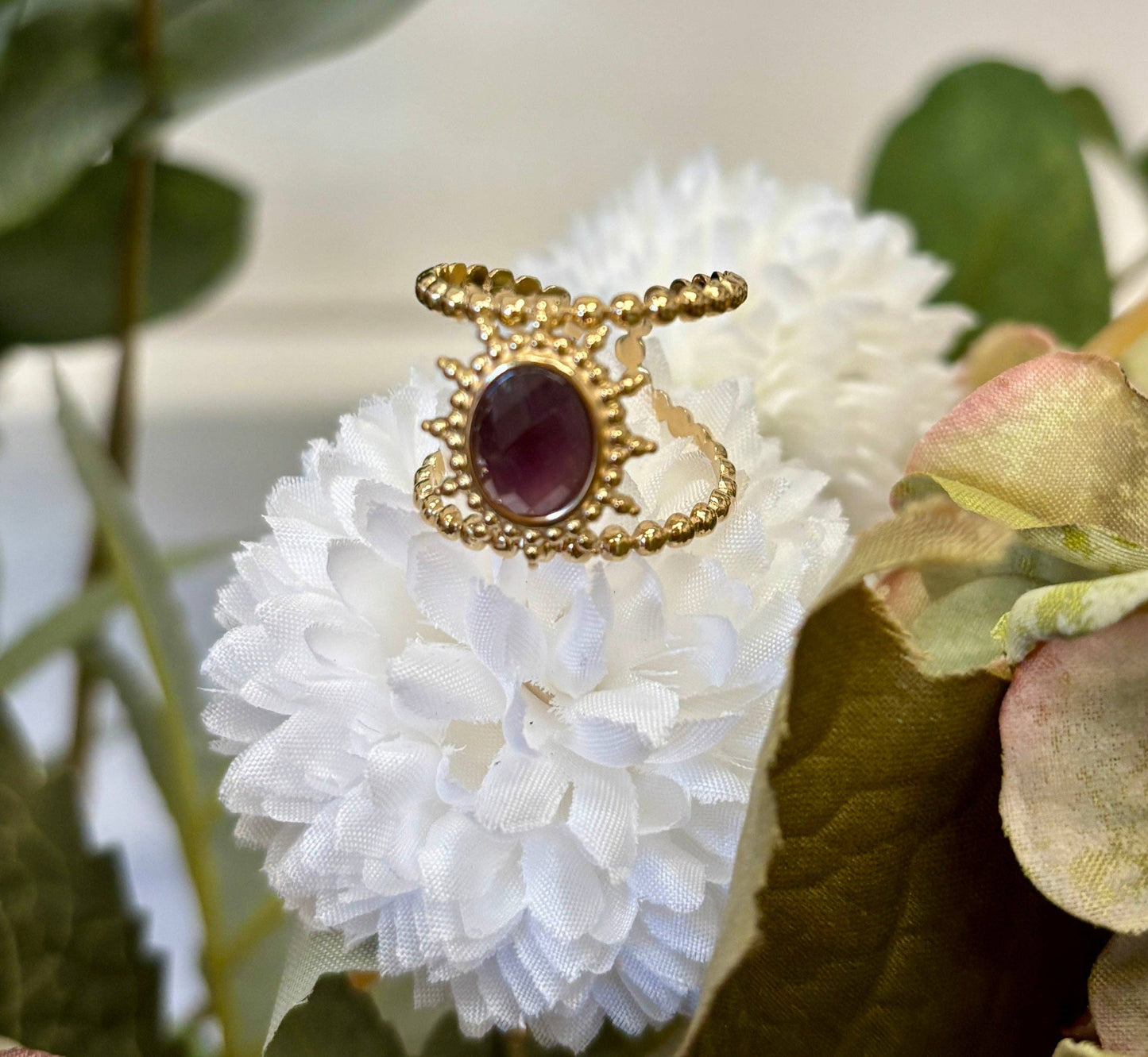 18ct Gold Plated Amethyst Sun Double Band Ring