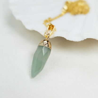 Aventurine Gemstone Crystal Spike Gold Necklace Pendant: 16 - 18 inches