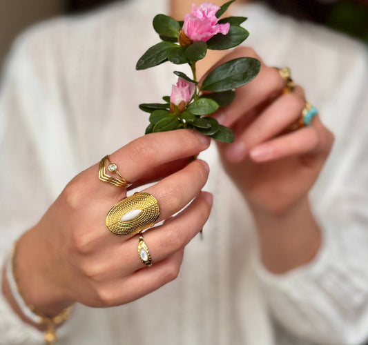 18ct Gold Plated White Jade Adjustable Ring