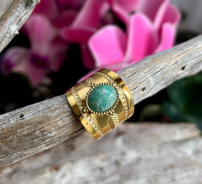 18ct Gold Plated Faceted Natural Stone Wide Band Ring -Amazonite