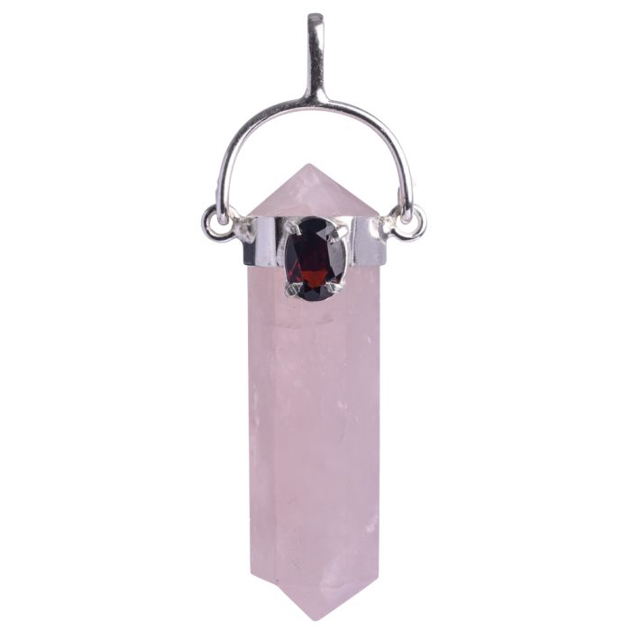 Rose Quartz with Garnet Cabochon Double Terminated 925 Sterling Silver Pendant, Brazil