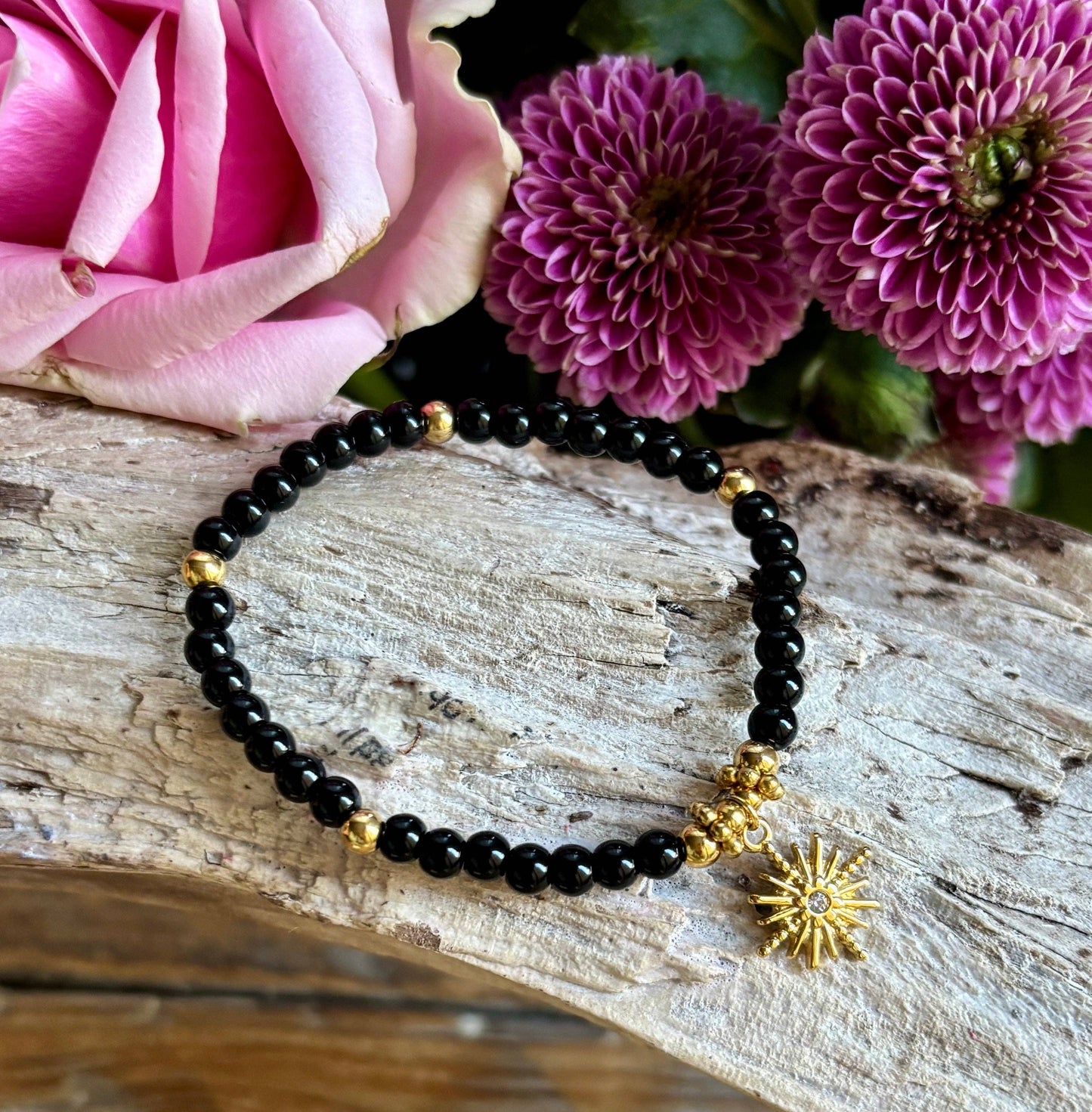 18ct Gold Plated Black Obsidian Beads Bracelet (Small)