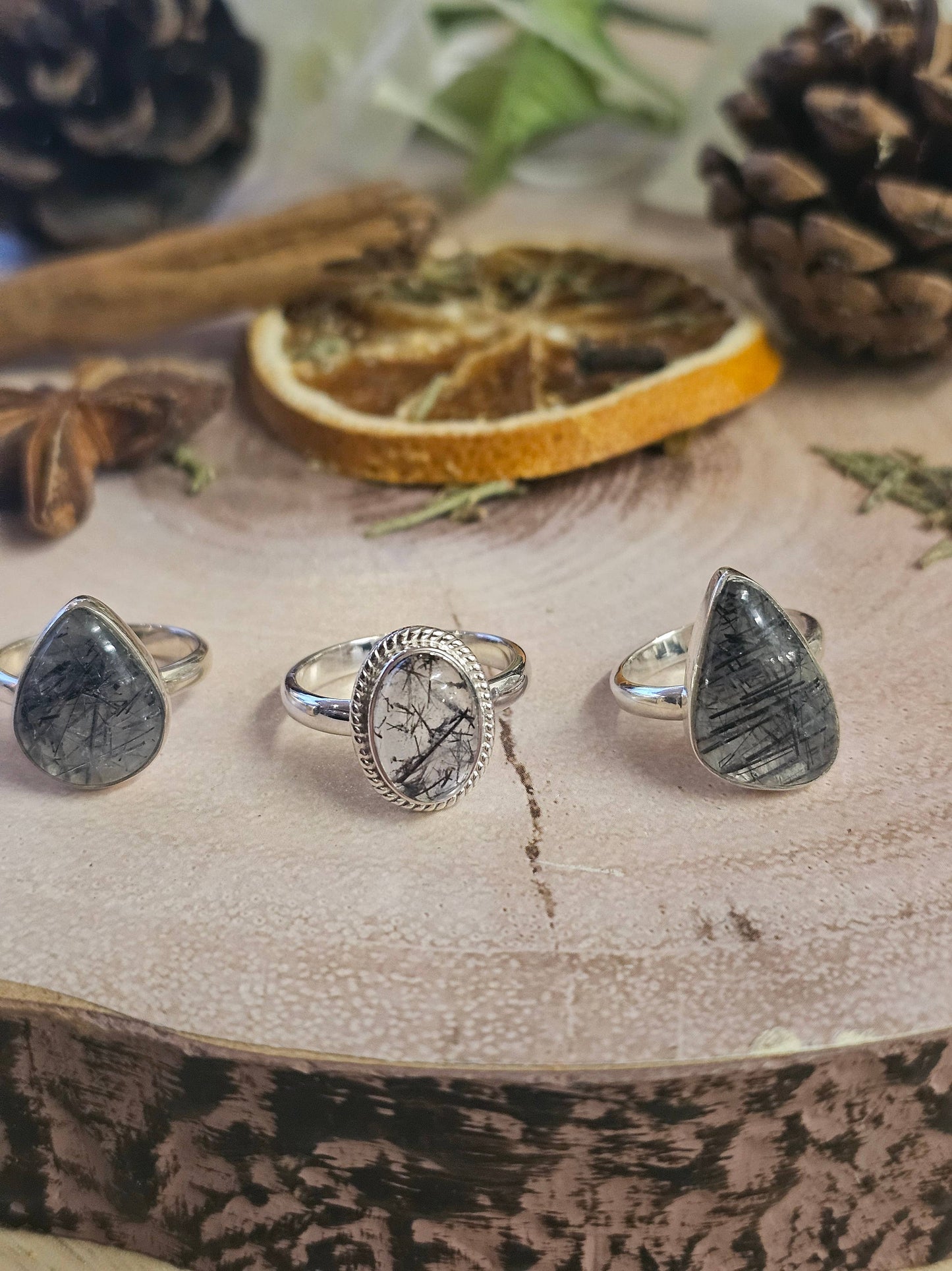 Black Tourmaline in Quartz Sterling Silver Ring - 4.68g