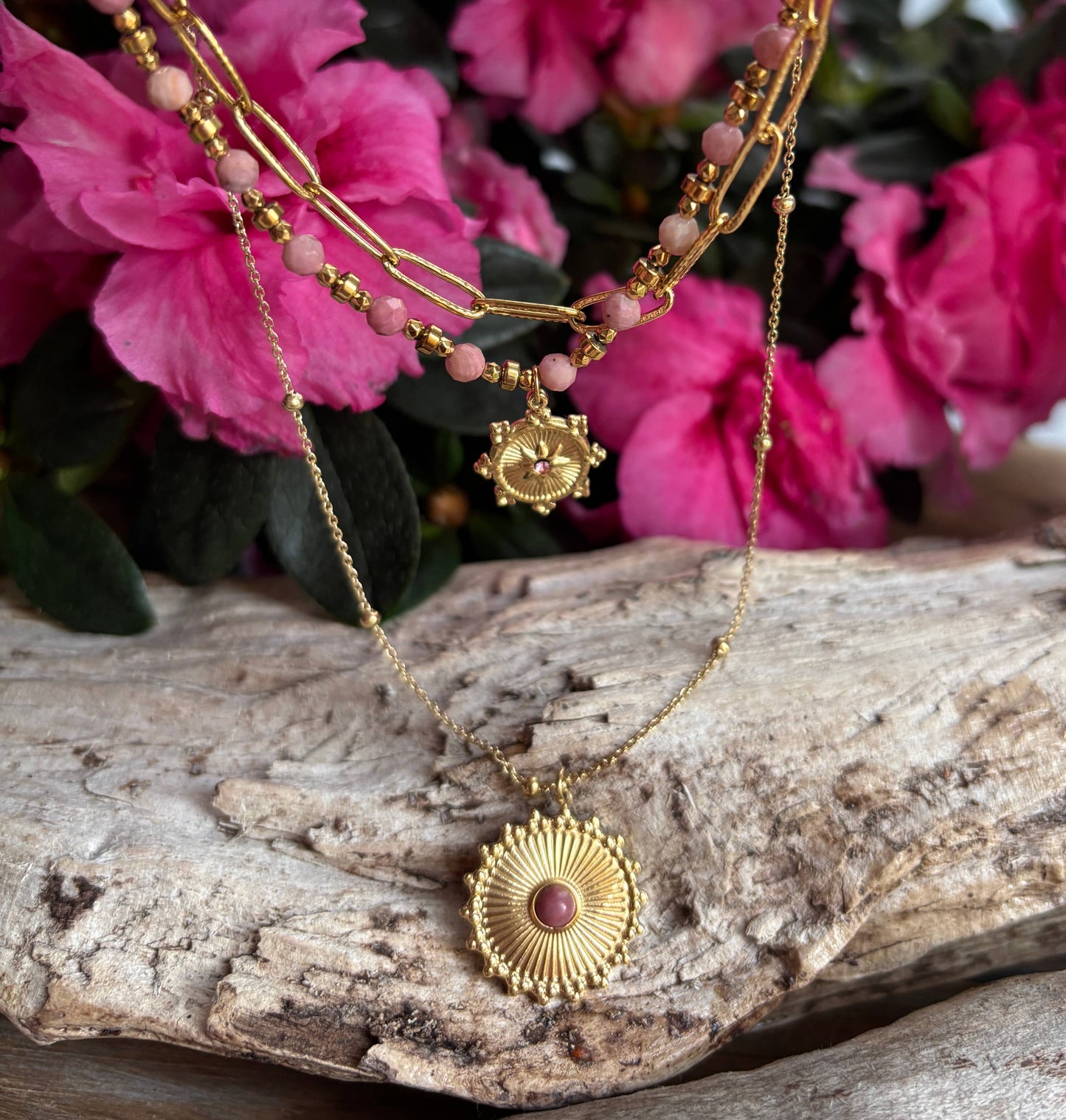 18ct Gold Plated Rhodochrosite Sun Pendant Necklace   