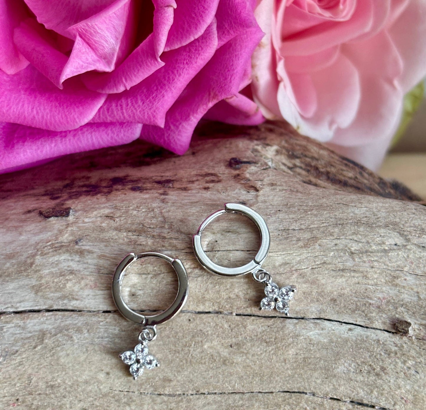 925 Sterling Silver Cubic Zirconia Clover Huggie Earrings