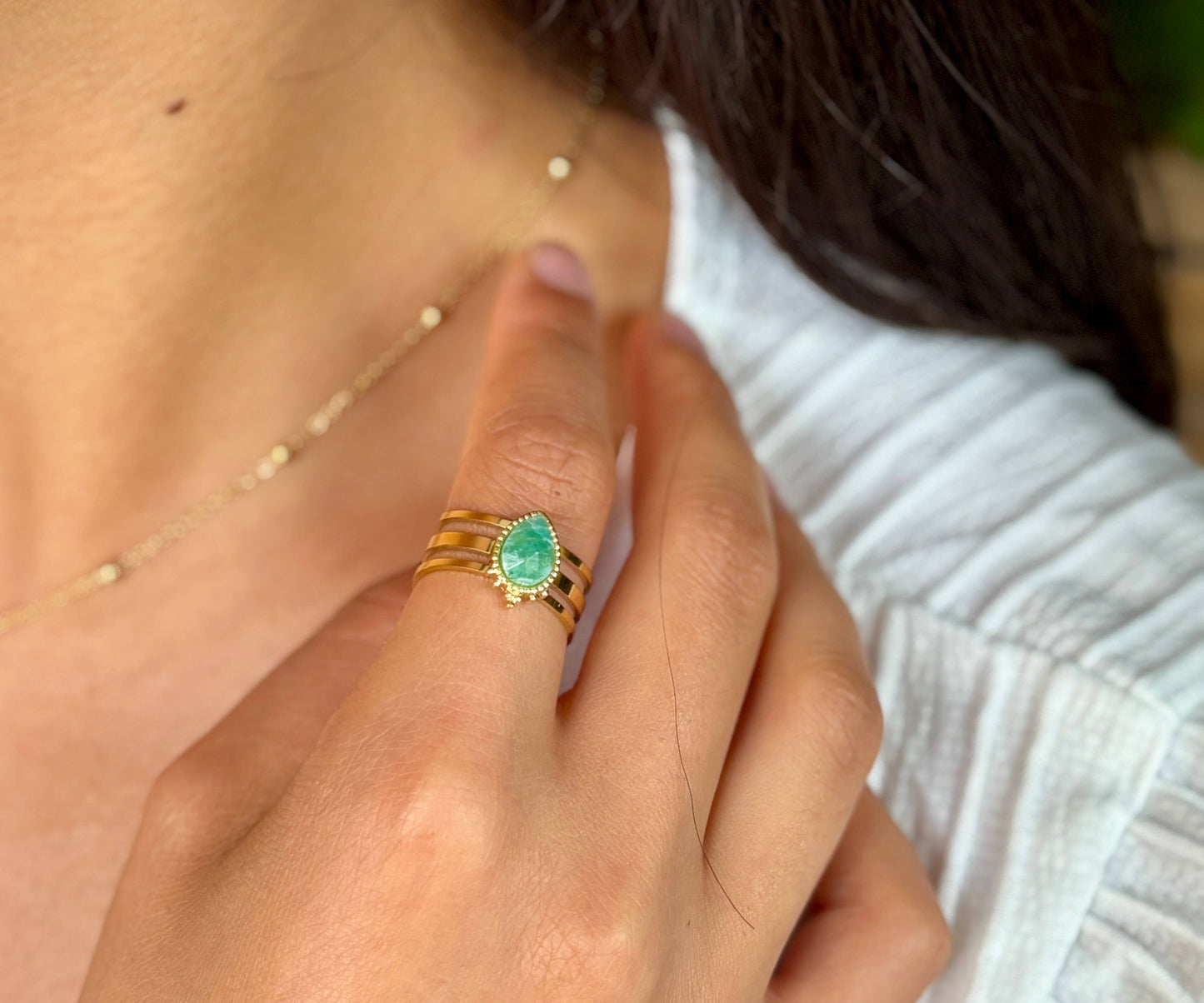 18ct Gold Plated Amazonite Drop Triple Band Ring    