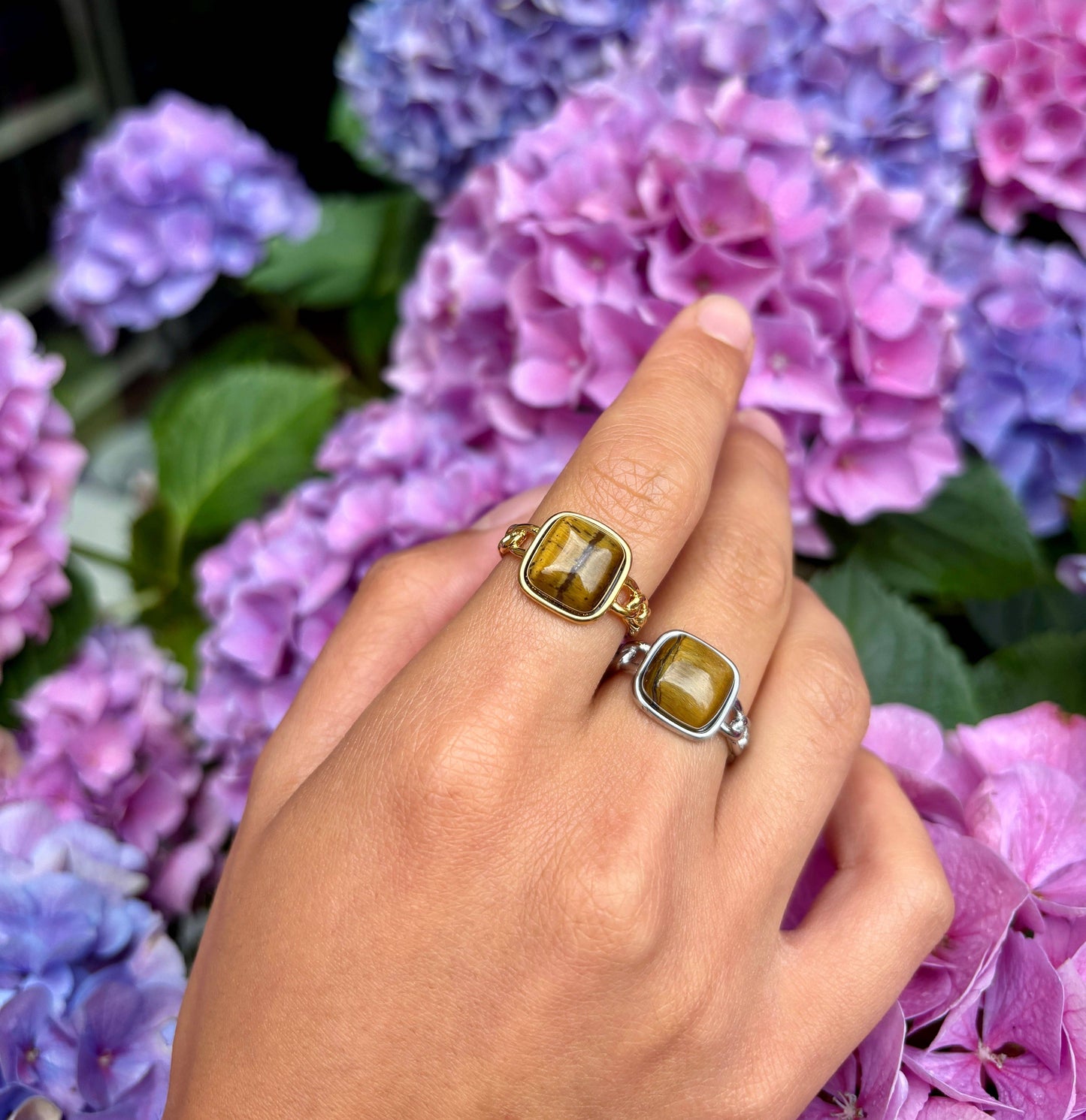 18ct Gold Plated Square Tiger's Eye Ring - Available In Silver: Gold