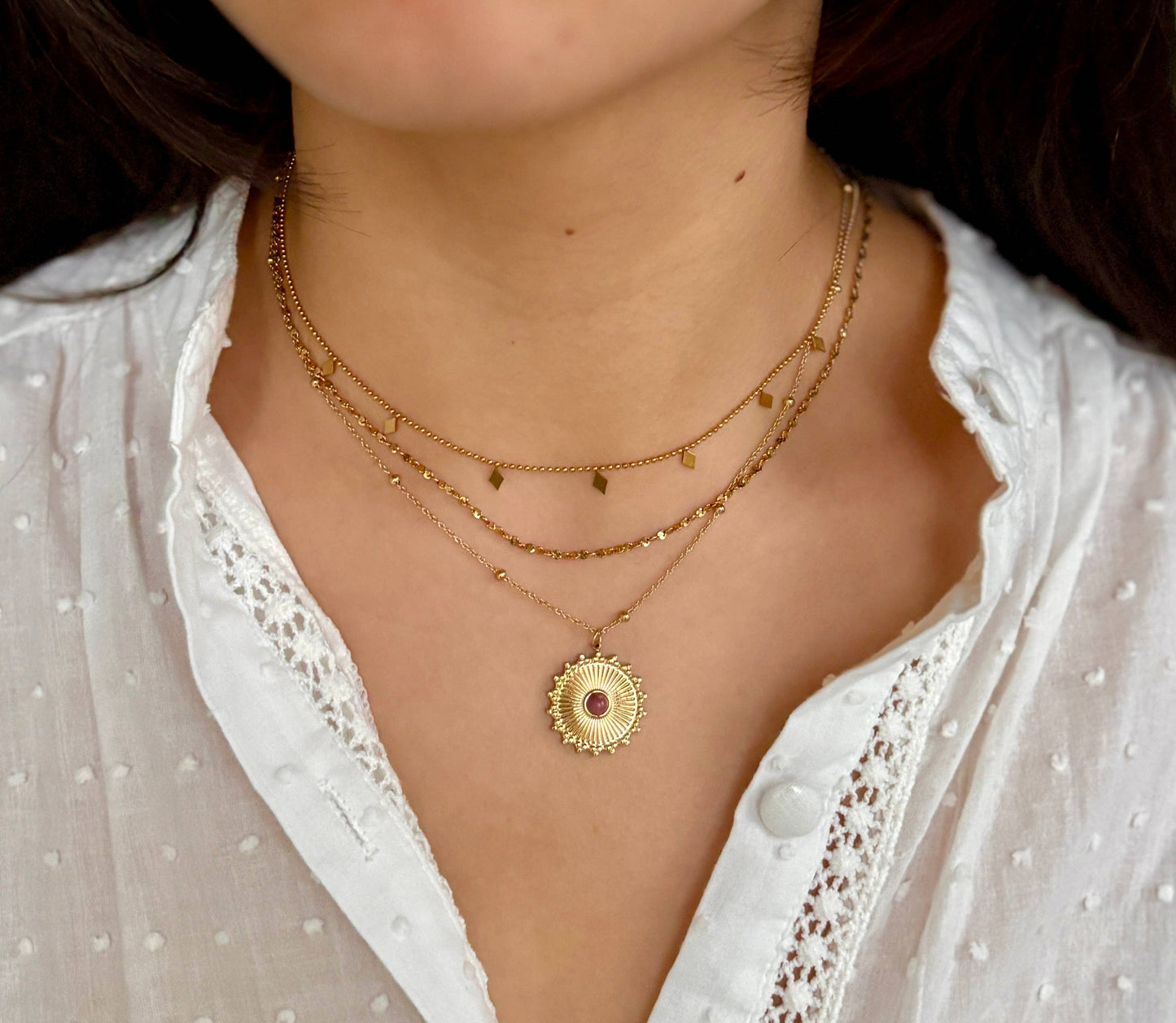 18ct Gold Plated Rhodochrosite Sun Pendant Necklace   