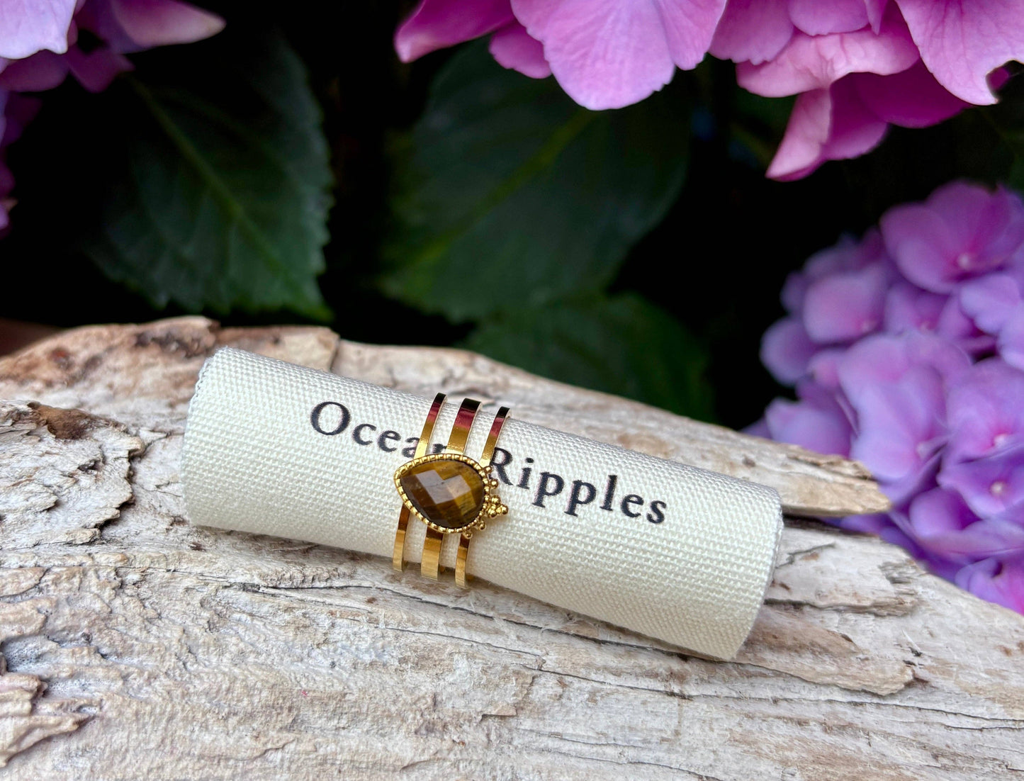 18ct Gold Plated Tiger's Eye Triple Band Ring