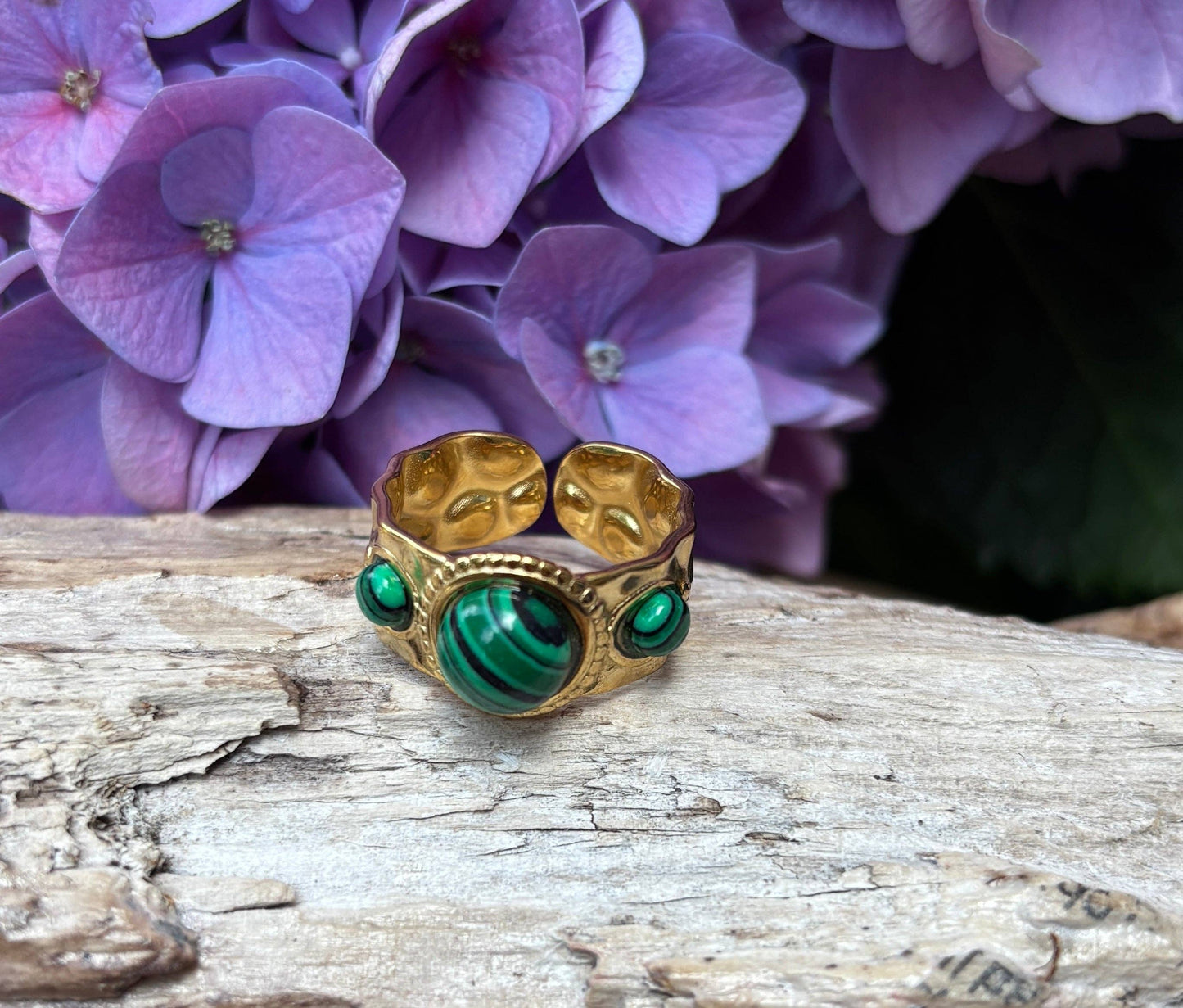 18ct Gold Plated Malachite Triple Stone Ring