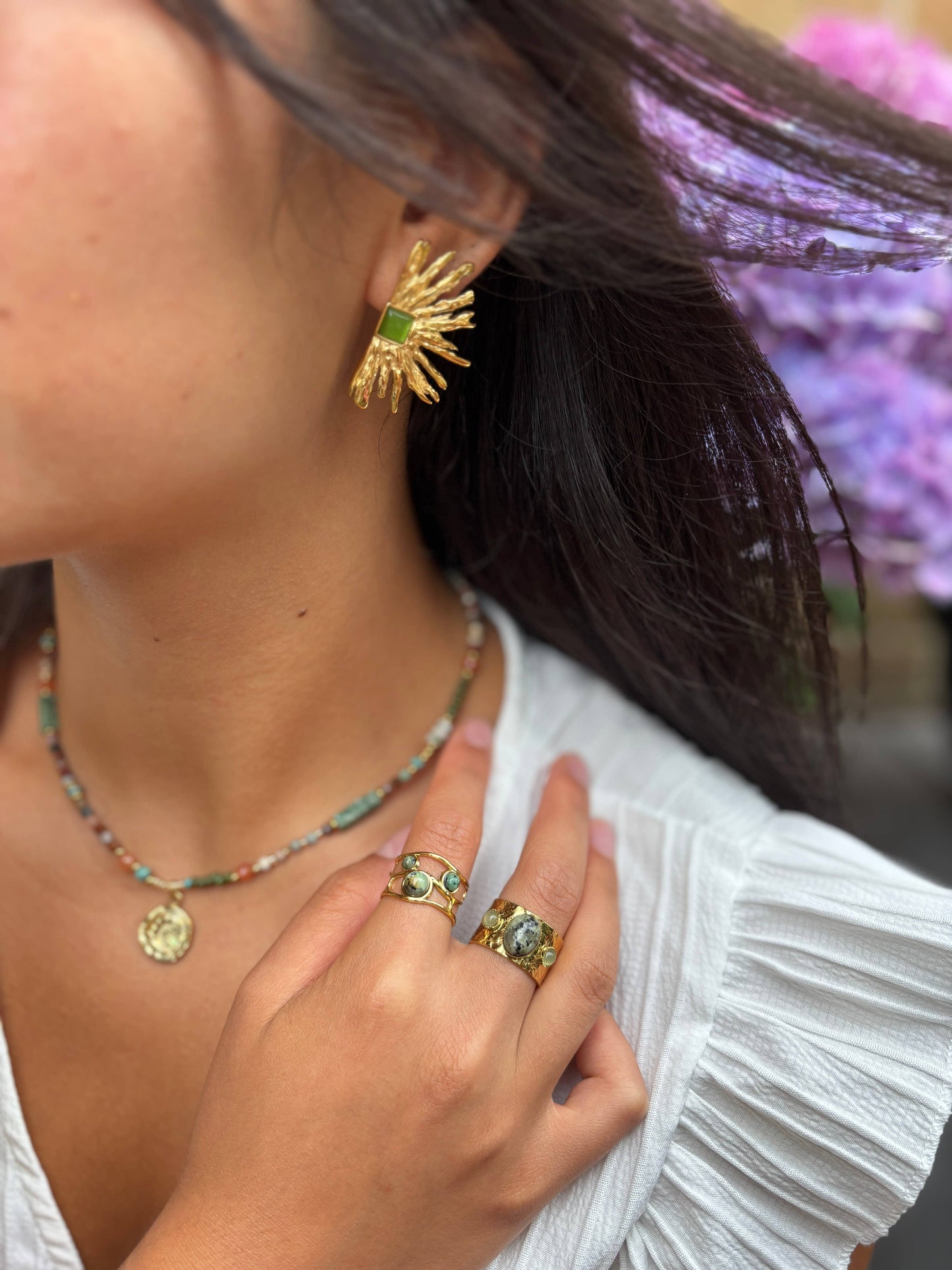 18ct Gold Plated Agate Fan Earrings: Green
