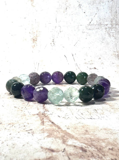 Chunky Amethyst and Moss Agate Diffuser Bracelet: 6 Inch Small