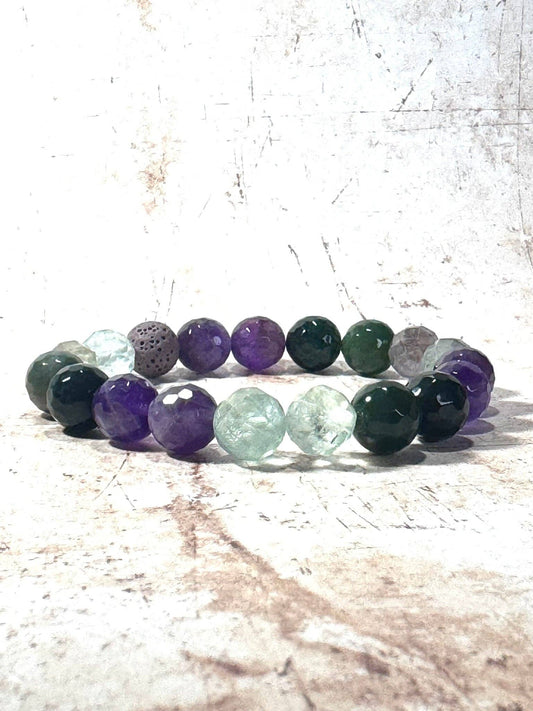 Chunky Amethyst and Moss Agate Diffuser Bracelet: 6 Inch Small