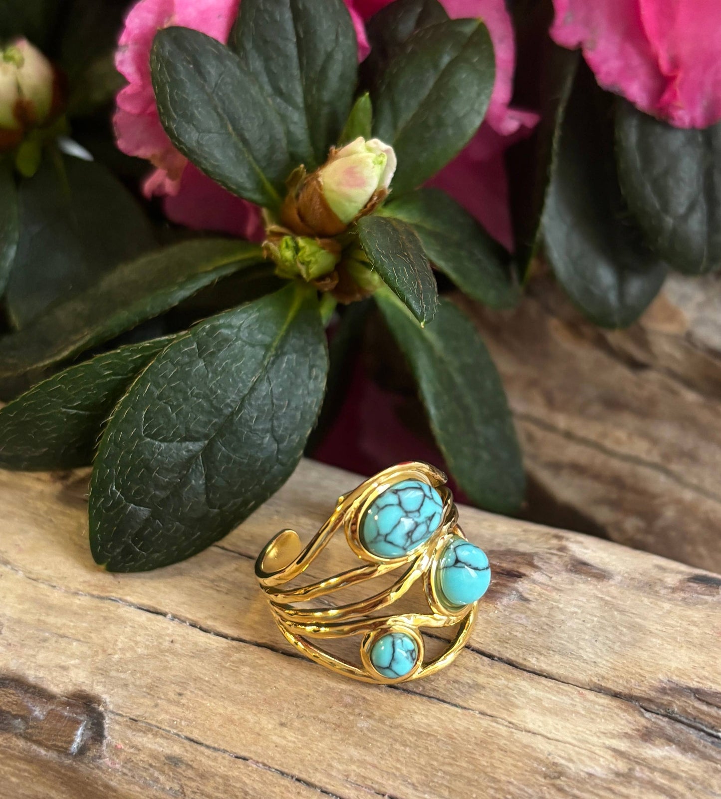 18ct Gold Plated Turquoise Multi Band Adjustable Ring 