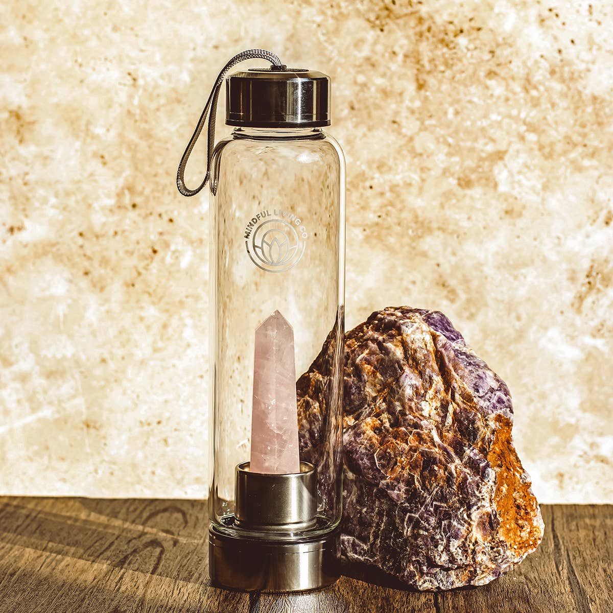 Crystal Infused Glass Water Bottle, Rose Quartz, Love & Calm
