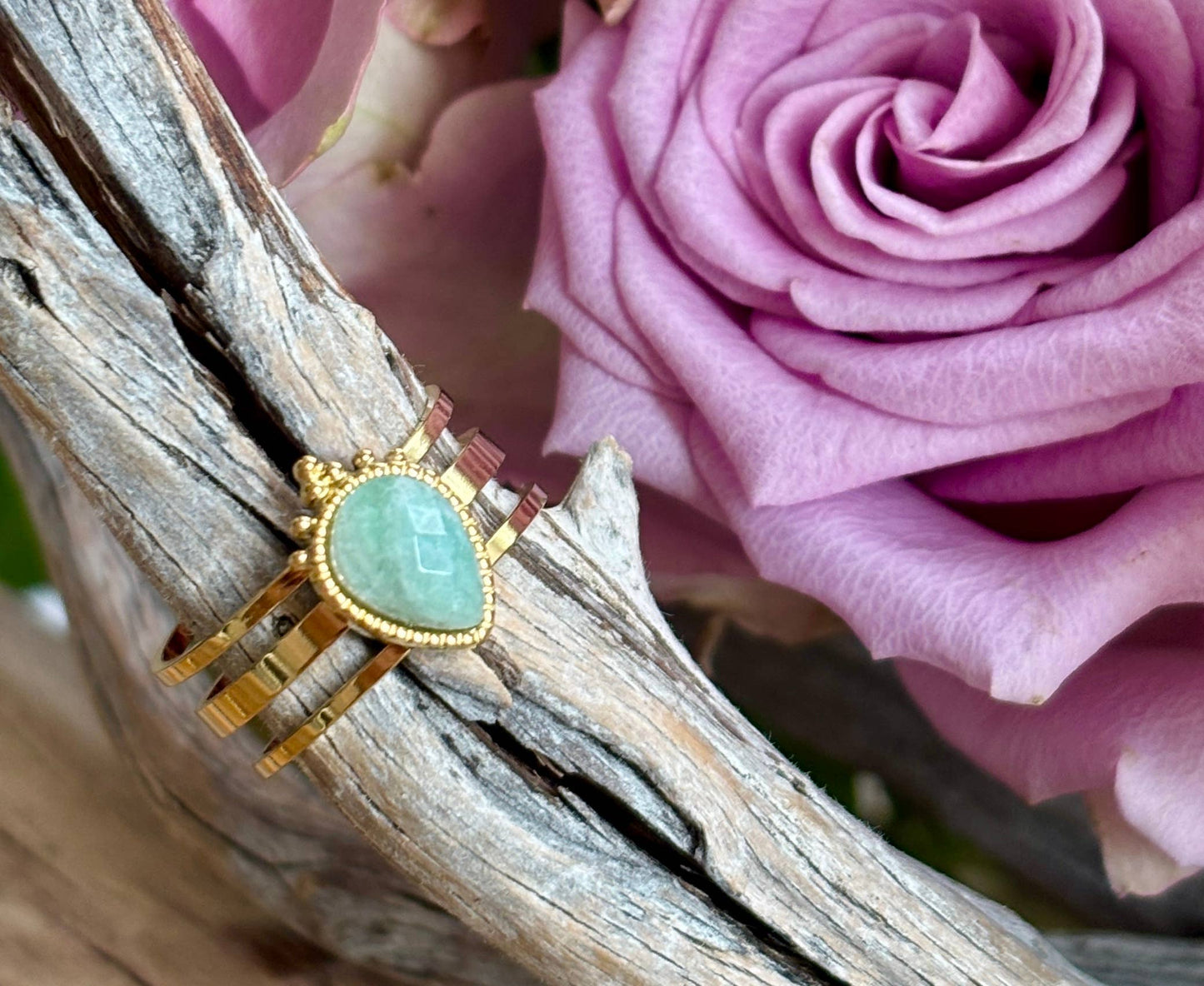 18ct Gold Plated Amazonite Drop Triple Band Ring    